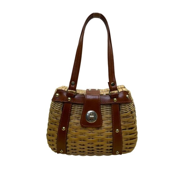 Mister Ernest Women’s Tan/Brown Woven Rattan With Long Handle & Faux Leather Acc - Picture 1 of 8